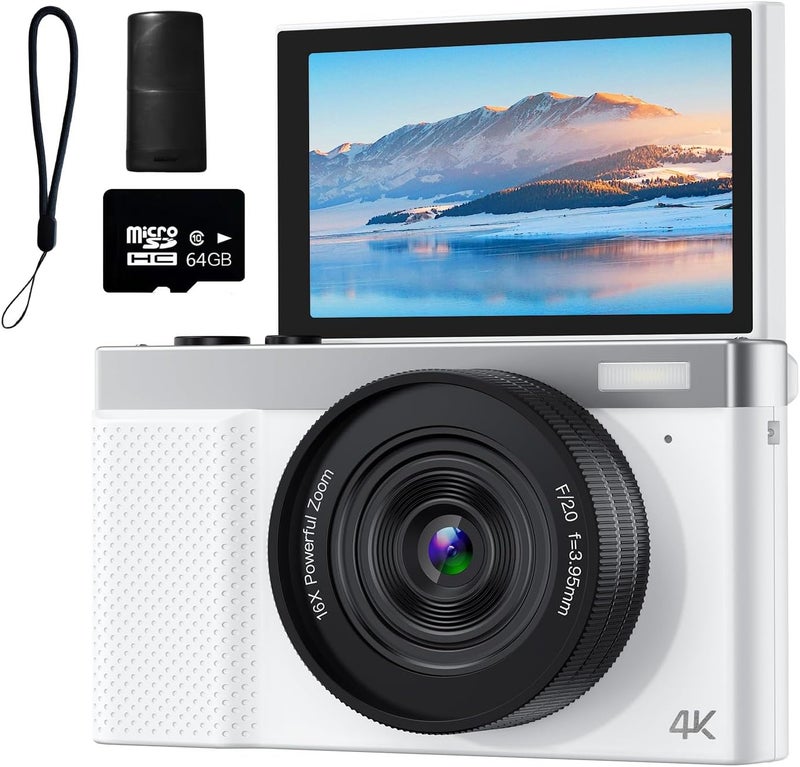 TZZPL 4K Digital Camera, 64MP Vlogging Camera for Photography with 3" 180° Flip Screen, 16X Compact Digital Camera with 64GB Micro SD Card for Beginner (White) - Image 1